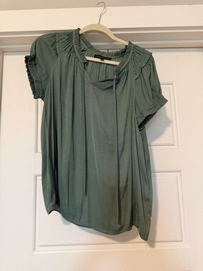 Catherine Malandrino Sage Green Tie-Neck Peasant Blouse